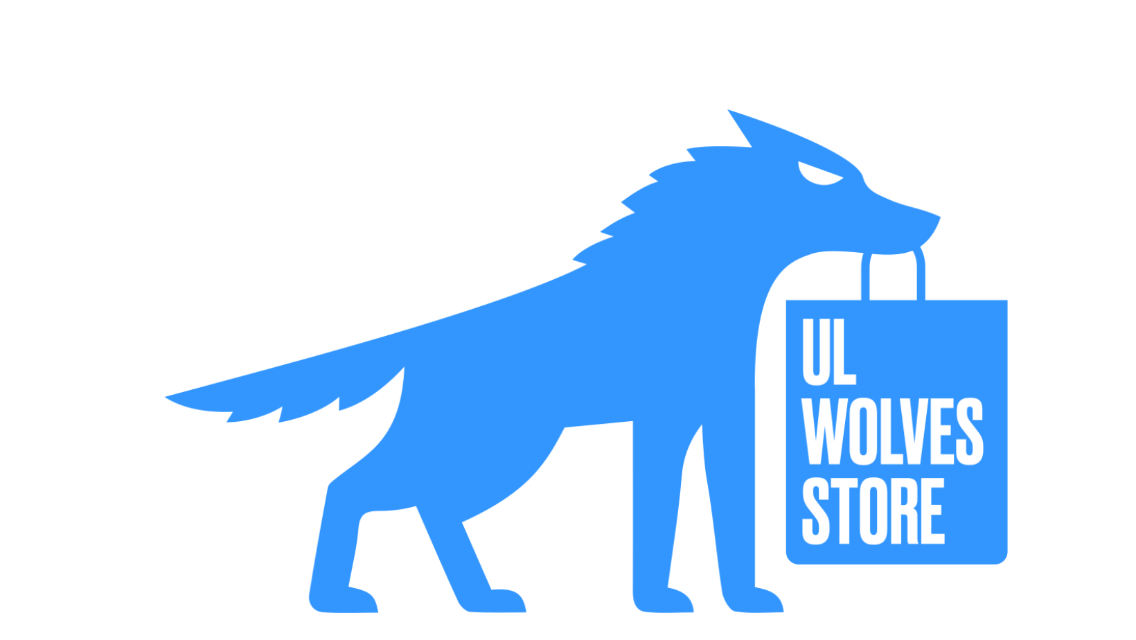 A wolf carrying a UL Wolves Store bag